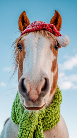 A brown and white horse wearing a red hat and a green scarfの素材