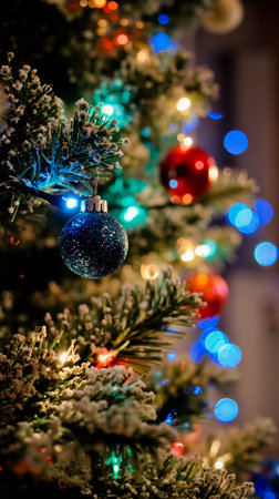 A close-up of a Christmas tree adorned with colorful lights and ornamentsの素材