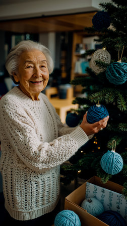 An elderly woman is smiling while holding a blue knitted ornament on a Christmas treeの素材