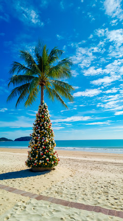 A palm tree stands in front of a beach with a Christmas tree decorated with flowers and lights behind itの素材