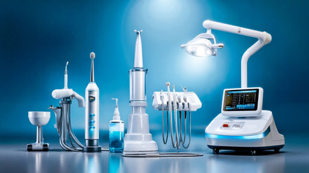 A professional photograph of various dental equipment on a blue background showing modern dental tools and technologyの素材