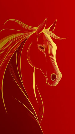 A digital artwork of a horse's head and neck rendered in a stylized abstract manner with a red background and gold accentsの素材