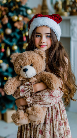 A young girl wearing a Santa hat is hugging a teddy bearの素材