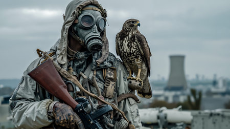 A person wearing a gas mask and holding a gun with a falcon perched on their armの素材