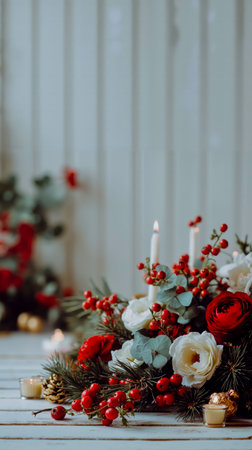A festive table setting with red berries white roses and candlesの素材
