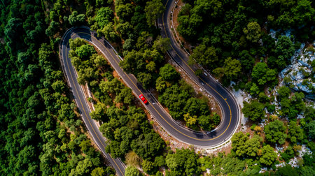 A winding road through a lush green forestの素材