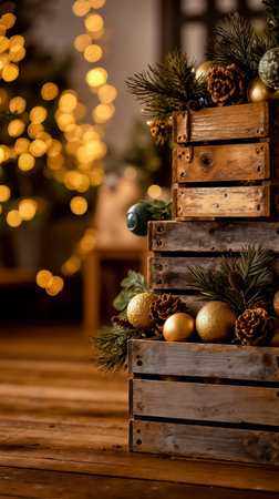 A stack of wooden crates with gold ornaments and pine cones on top set against a blurred background of lights and treesの素材