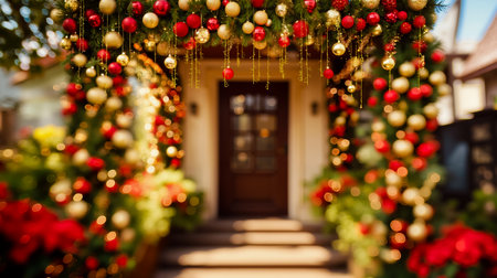 A festive holiday decoration with a garland of red and gold ornaments lights and flowers adorning a doorway and staircaseの素材