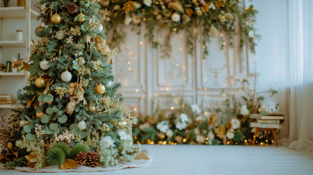 A Christmas tree decorated with greenery ornaments and lights set against a backdrop of white walls and a window with lightsの素材