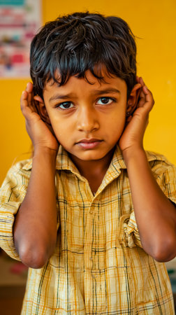 A young boy with dark hair and a yellow plaid shirt covering his earsの素材
