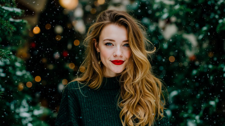 A woman with long blonde hair and red lipstick wearing a green sweater smiling and looking to the side with a blurred background of lights and treesの素材