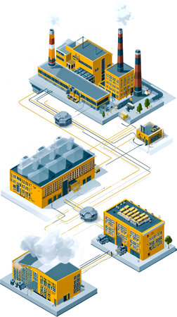 A stylized illustration of an industrial complex with various buildings smokestacks and pipes depicting a factory or industrial areaの素材