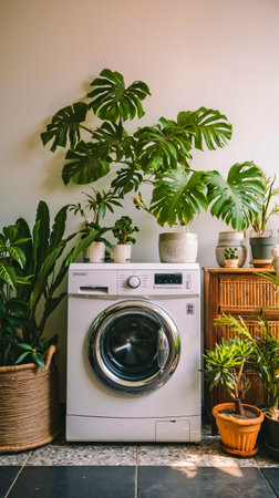 A white washing machine with a digital display surrounded by various potted plantsの素材