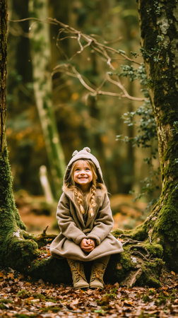 A young girl with blonde braids is sitting on a tree stump in a forest wearing a brown coat and smilingの素材