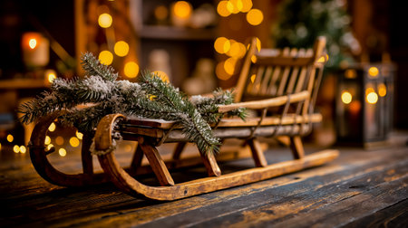 A wooden sled with a pine branch decoration on it sitting on a wooden table with a blurred background of lights and a Christmas treeの素材