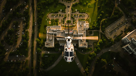 An aerial view of a helicopter flying over a large building complex with parking lots and roadsの素材