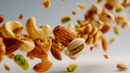 A close-up of a sandwich with various nuts and seeds flying around itの素材