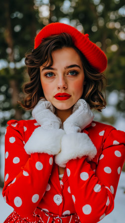 A woman wearing a red coat with white polka dots a red hat and white gloves posing in a snowy forestの素材
