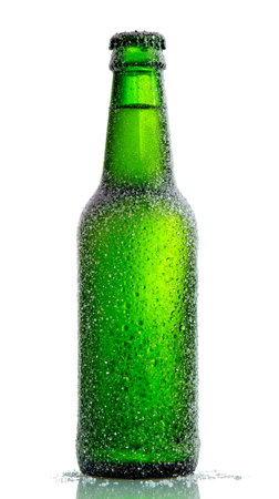 A green glass bottle with a frosted surface and a black capの素材