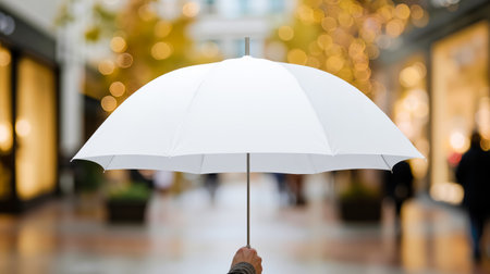 A white umbrella is being held by a person in a shopping mallの素材