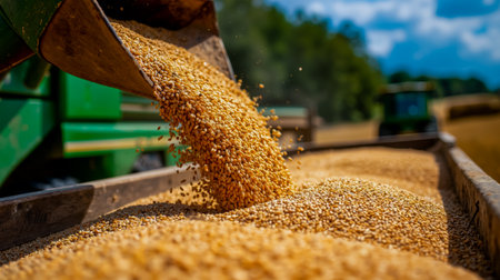 A close-up of a large scoop of grain being poured from a green tractor into a metal binの素材