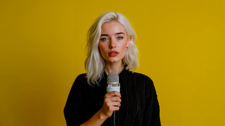 A woman with blonde hair and blue eyes is holding a microphoneの素材