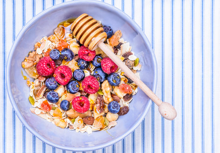 Healthy breakfast top view with text space.Healthy and diet concept.の写真素材