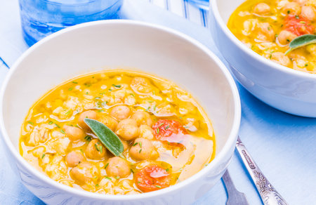 Chickpea, beans and barley soup.Healthy vegan food.の写真素材