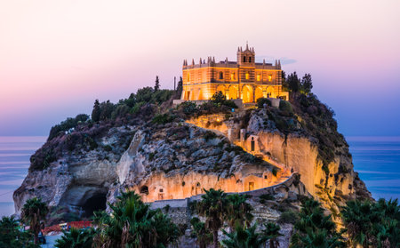 Tropea panoramic view, Calabria, Italy.Church Santa Maria Island at sunset.の写真素材