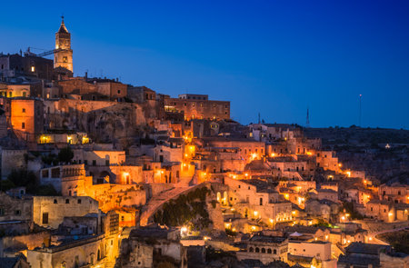 Matera panoramic view at night, Basilicata, Italy.Sassi of Matera.の写真素材
