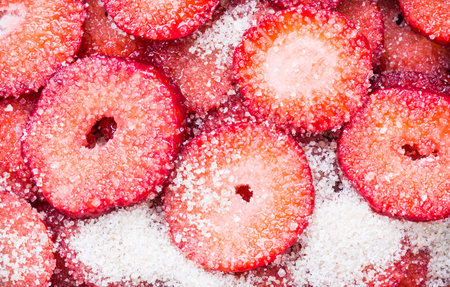 Strawberries fruit background.Strawberries close up with sugar.の写真素材