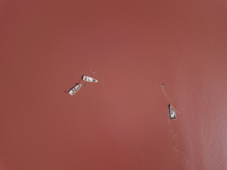 pink lake retba in the suburbs of Dakar photographed from a drone in Africa salt miningの写真素材