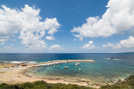 View over bay with ships and pier in Paphos region, Cyprusの写真素材