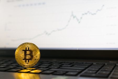 Bitcoin cryptocurrency coin standing on laptop keyboard with ascending chart on backgroundの写真素材