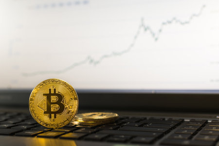 Bitcoin cryptocurrency coin standing on laptop keyboard with ascending chart on backgroundの写真素材