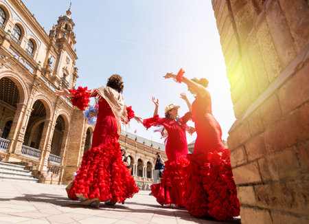SEVILLE, SPAIN - MAY 2017: Young women dance flamenco on Plaza de Espanaのeditorial素材