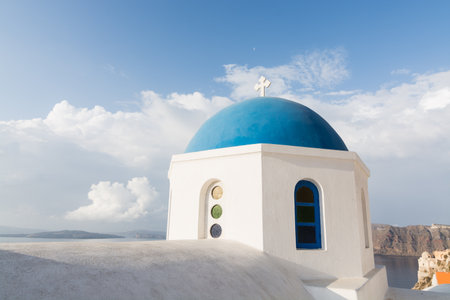 Details of a traditional Greek orthodox blue dome church, Santorini, Greeceの写真素材