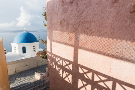 Details of a traditional Greek orthodox blue dome church, Santorini, Greeceの写真素材
