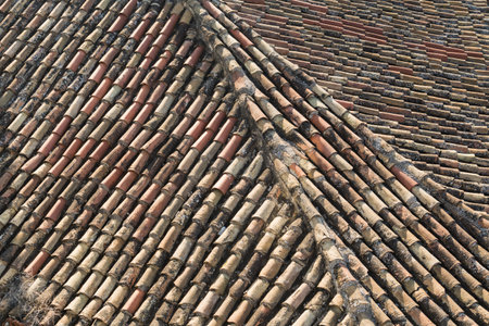 Aged roof shingles on a house in Athens, Greeceの写真素材