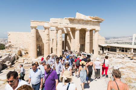 ATHENS, GREECE - MAY 2018: Tourists visiting the ruins of Parthenon temple on the Acropolis of Athens, Greece. Sunny day, wide angle lens shot.のeditorial素材