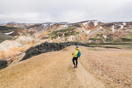Woman in yellow raincoat hiking uphill in the colourful mountains in Landmannalaugar national park, Iceland.の写真素材