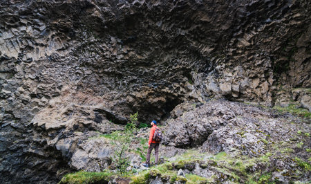 Man standing in front of basalt columns wall in Gjain canyon, Iceland.の写真素材