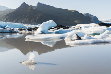 Ice floating and melting in Fjallsarlon lagoon, Iceland. Bird shaped piece of ice on the foreground.の写真素材