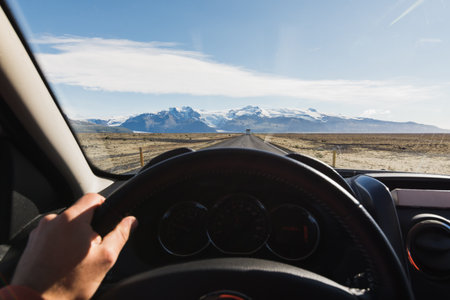 View from driver's seat over Skaftafellsjokull part of Vatnajokull glacier in Skaftafell national park, Iceland.の写真素材