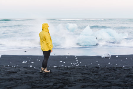 Woman in yellow raincoat standing next to icebergs in arctic ocean which drifted out of Jokulsarlon lagoon, Iceland.の写真素材