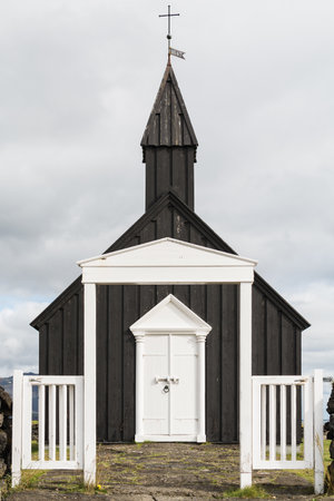 SNAEFELLSNES, ICELAND - AUGUST 2018: Budakirkja church in the hamlet of Budir.の写真素材
