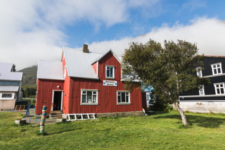 SEYDISFJORDUR, ICELAND - AUGUST 2018: waterfront view of the timbered houses in the old town.のeditorial素材