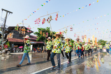 SUKHOTHAI, THAILAND - 13 APRIL 2019: Thai people celebrating New Year Songkran Water Festival on the street.のeditorial素材