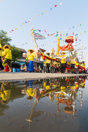 SUKHOTHAI, THAILAND - 13 APRIL 2019: Thai people celebrating New Year Songkran Water Festival on the street.のeditorial素材