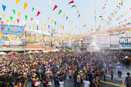SUKHOTHAI, THAILAND - 15 APRIL 2019: Thai people celebrating New Year Songkran Water Festival on the streetのeditorial素材